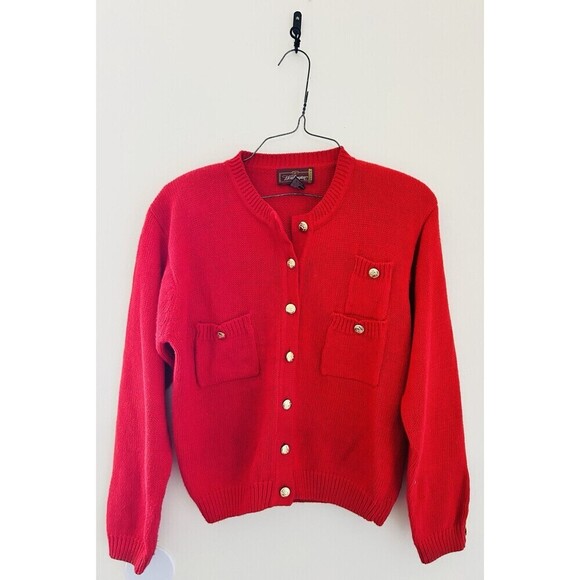 Vintage 90s Worthington Fire Engine Red Gold Button Up Cardigan Petite Sz Med - Picture 1 of 7